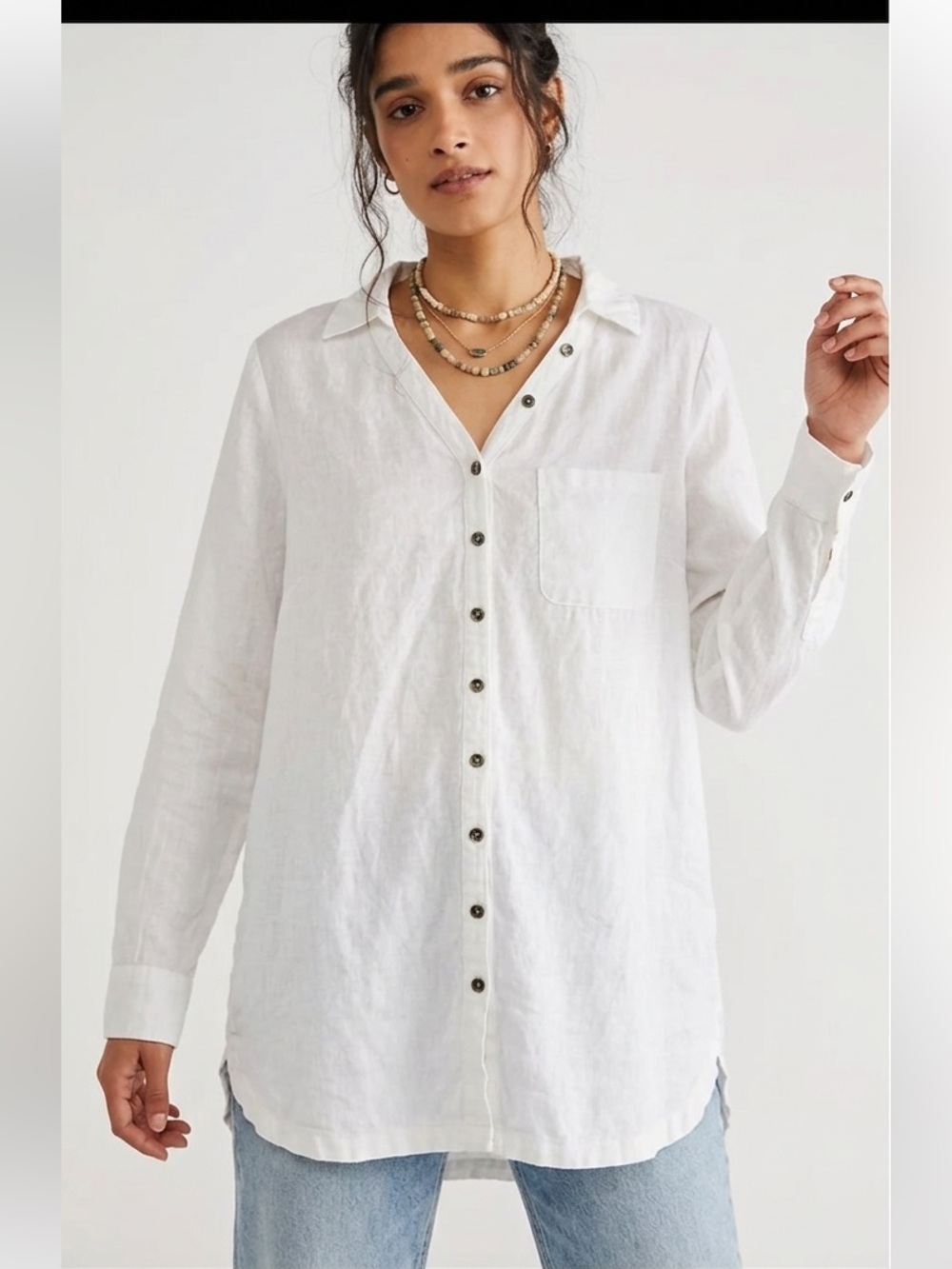 Threads 4 Thought 100% Linen V-Neck Button-Front Tunic Shirt White Medium